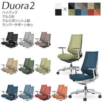 コクヨ-オフィスチェア-Duora2＜デュオラ2＞-メッシュタイプ-ハイバック-アルミ肘-アルミポリッシュ脚-ランバーサポートあり-C08-P222M--WV3V31-フレーム色：-W／ホワイトグレー-座の色：V3V3／グラスグリーン | 1 | ブング・ステーション